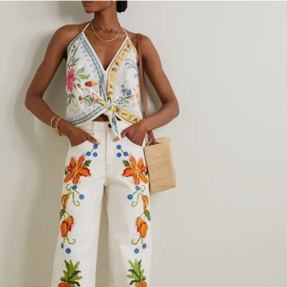 NWT $175 Farm Rio "Grandma Gift" Embroidered XL Halter Tie Strap Top Blouse